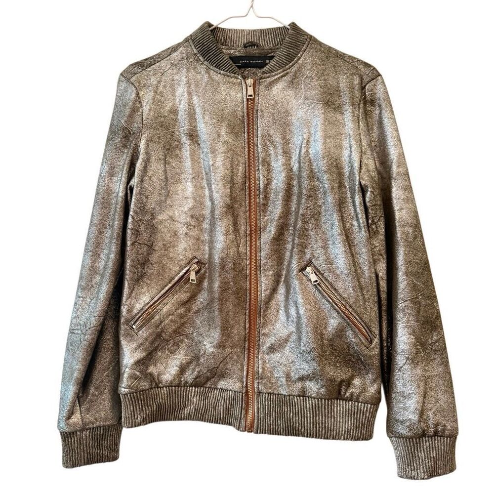 NWOT Zara Full Zip Metallic Sweater Bomber Jacket Silver Brown XS